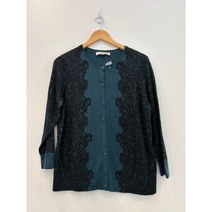 LOFT Teal Black Lace Trim Button Front Cardigan Sweater Chic Women's XL NWT